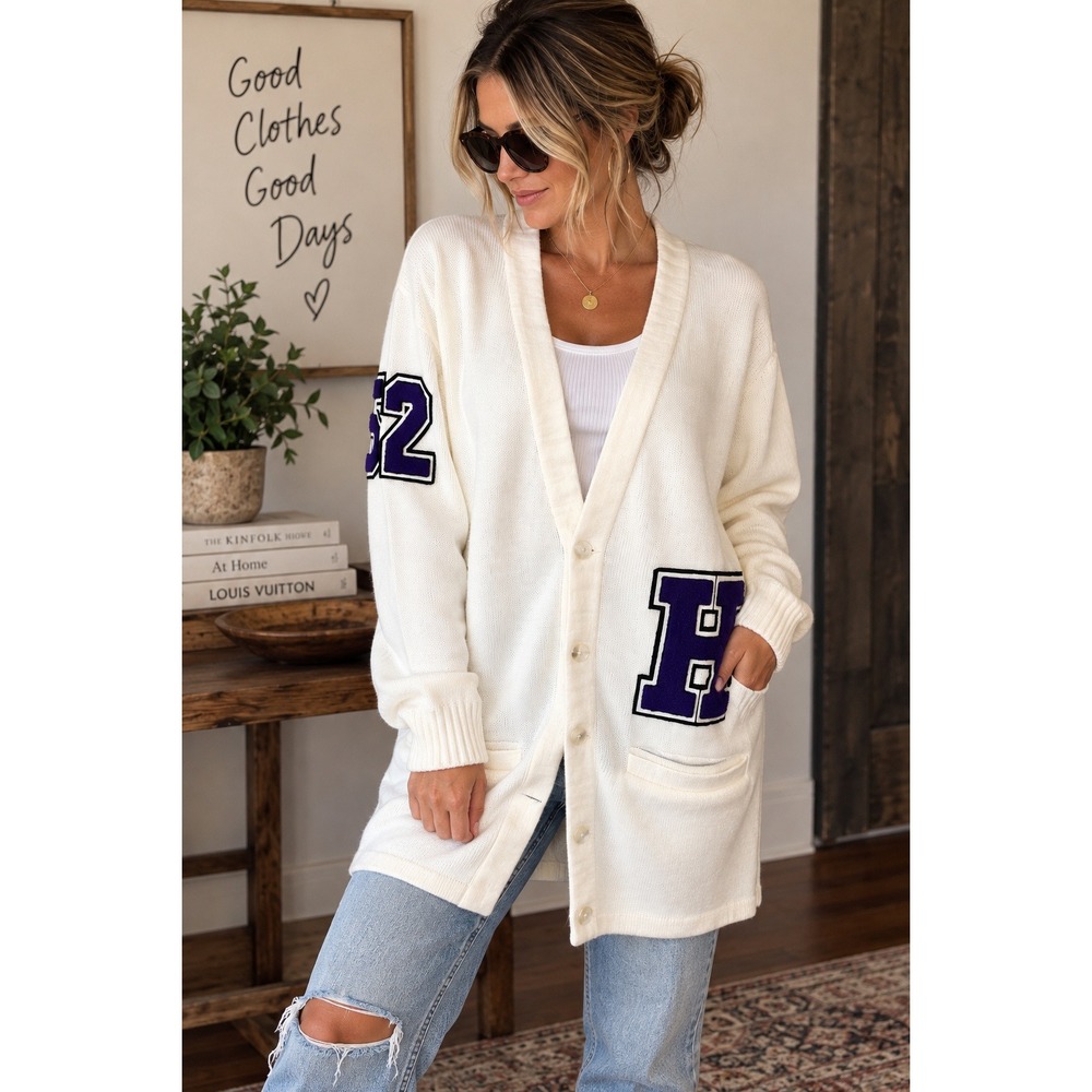 Cruisin USA White Letterman Cardigan Sweater Purple Chenille Patch Varsity H 52